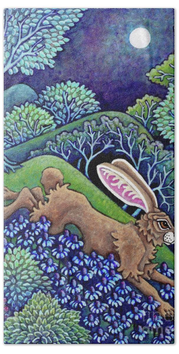 Hare Hand Towel featuring the painting Moonlit Dash by Amy E Fraser
