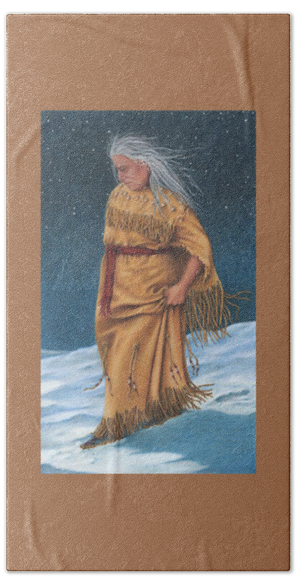 Native American Portrait. American Indian Portrait. Moonlit Walks In The Snow. Native Elder. Bath Towel featuring the painting Moonlit Walk by Valerie Evans