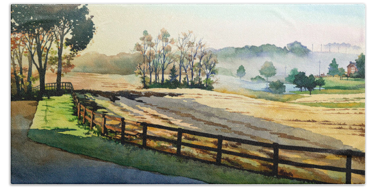 #landscape #watercolor #painting #farm #farmlife #watercolorpainting #morning #country #rural Bath Towel featuring the painting Morning Fog Rolls Away by Mick Williams