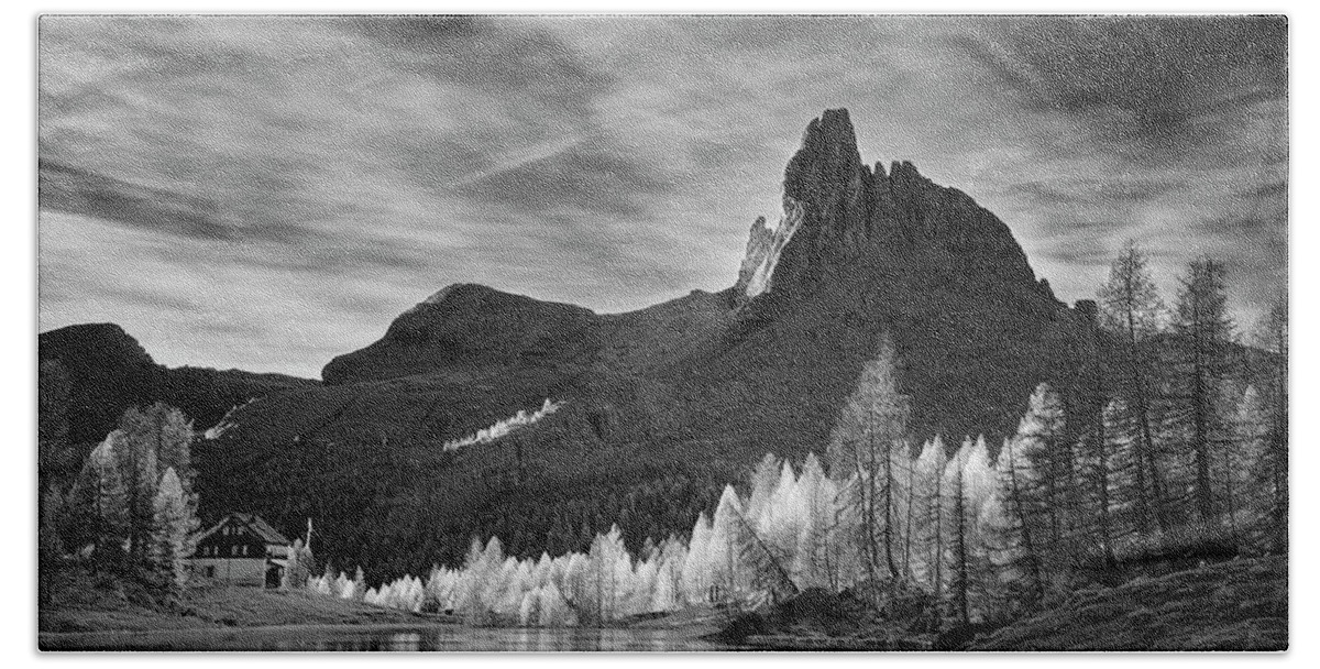 Black And White Bath Towel featuring the photograph Morning Light in the Dolomites by Jon Glaser