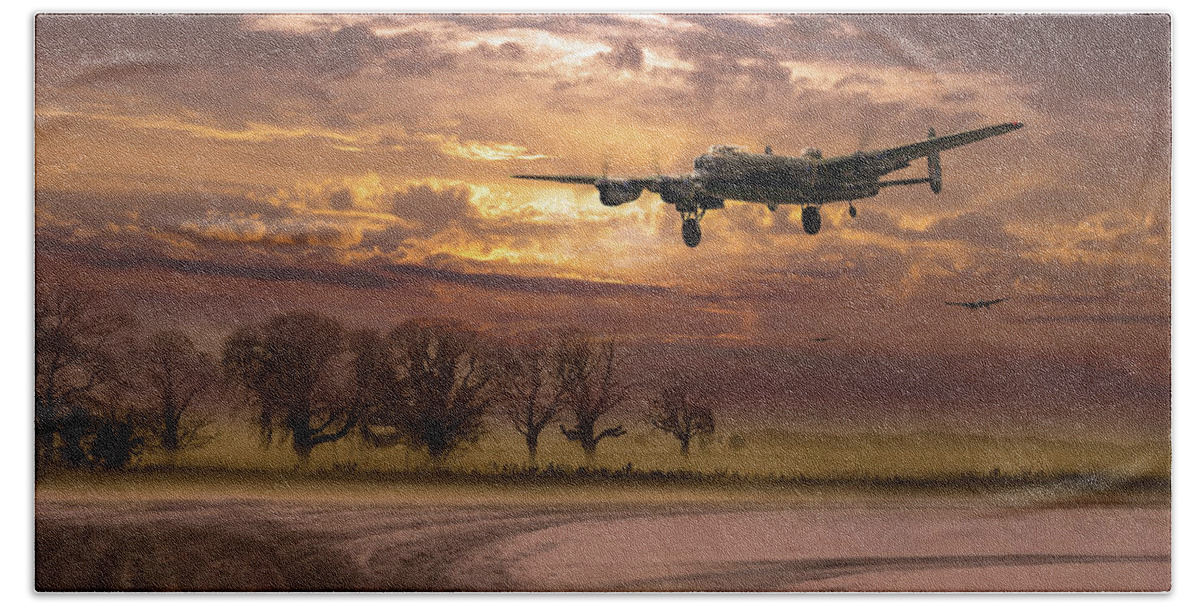 Avro 638 Lancaster Bath Towel featuring the photograph Morning return by Gary Eason