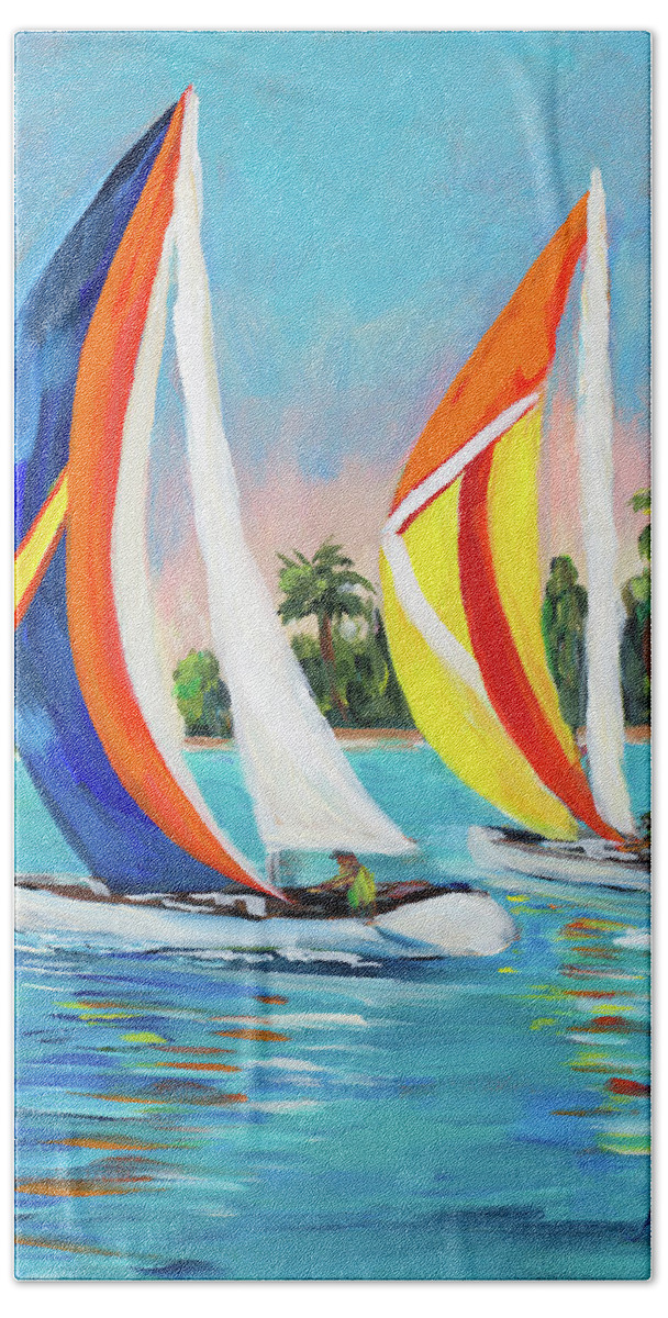 Morning Bath Towel featuring the painting Morning Sails Vertical I by South Social D