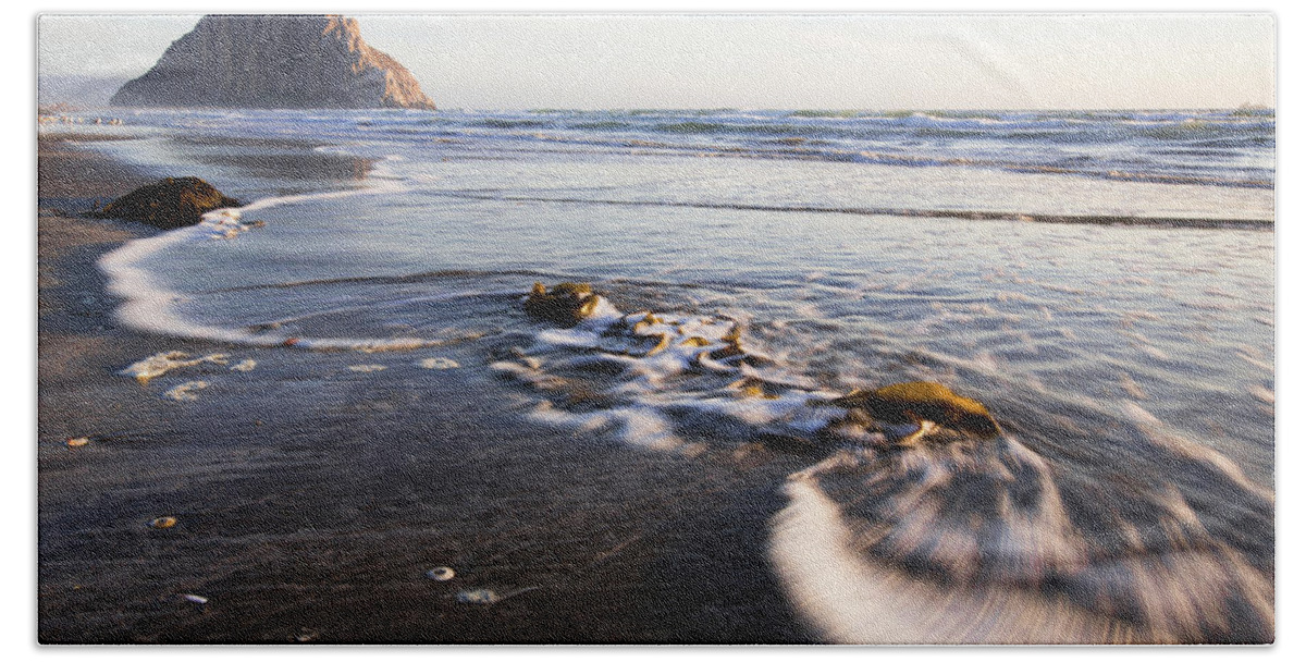 Morro Bay Hand Towel featuring the photograph Morro Rock Ebb Tide by Mike Long
