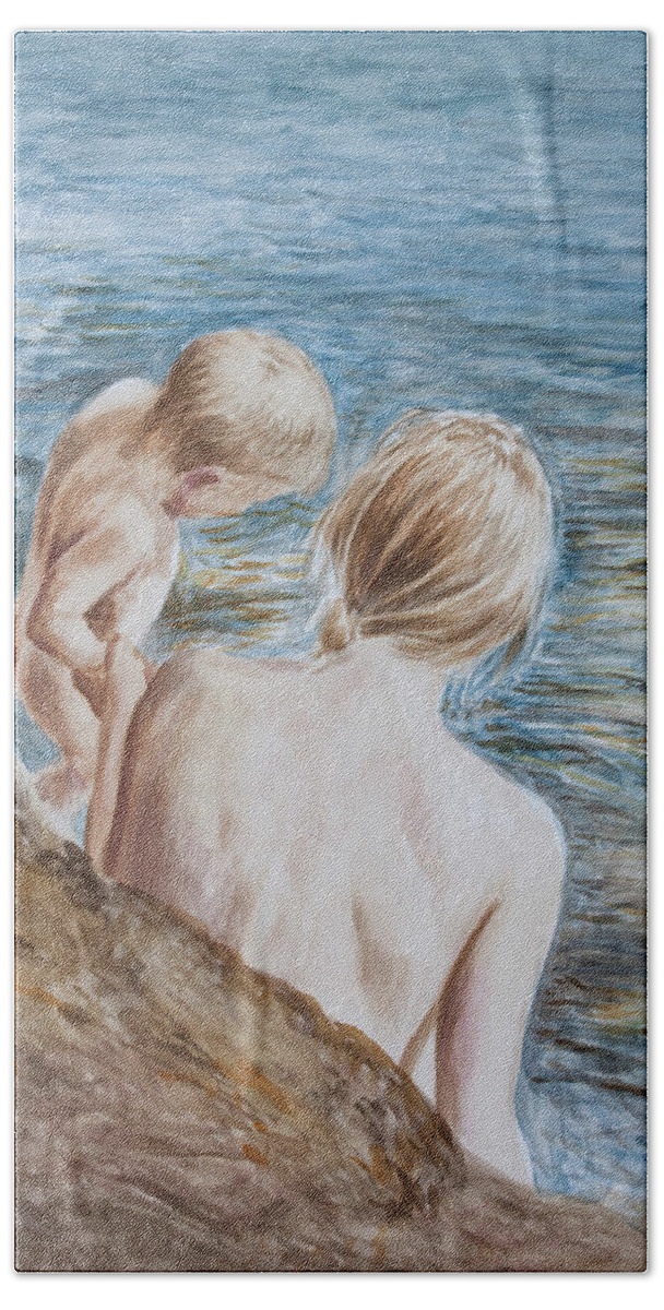 Hans Egil Saele Bath Towel featuring the painting Mother and Son at the Seaside by Hans Egil Saele