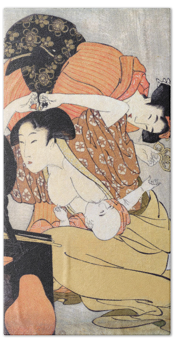 Japanese Bath Towel featuring the painting Mother breastfeeding a baby by Kitagawa Utamaro