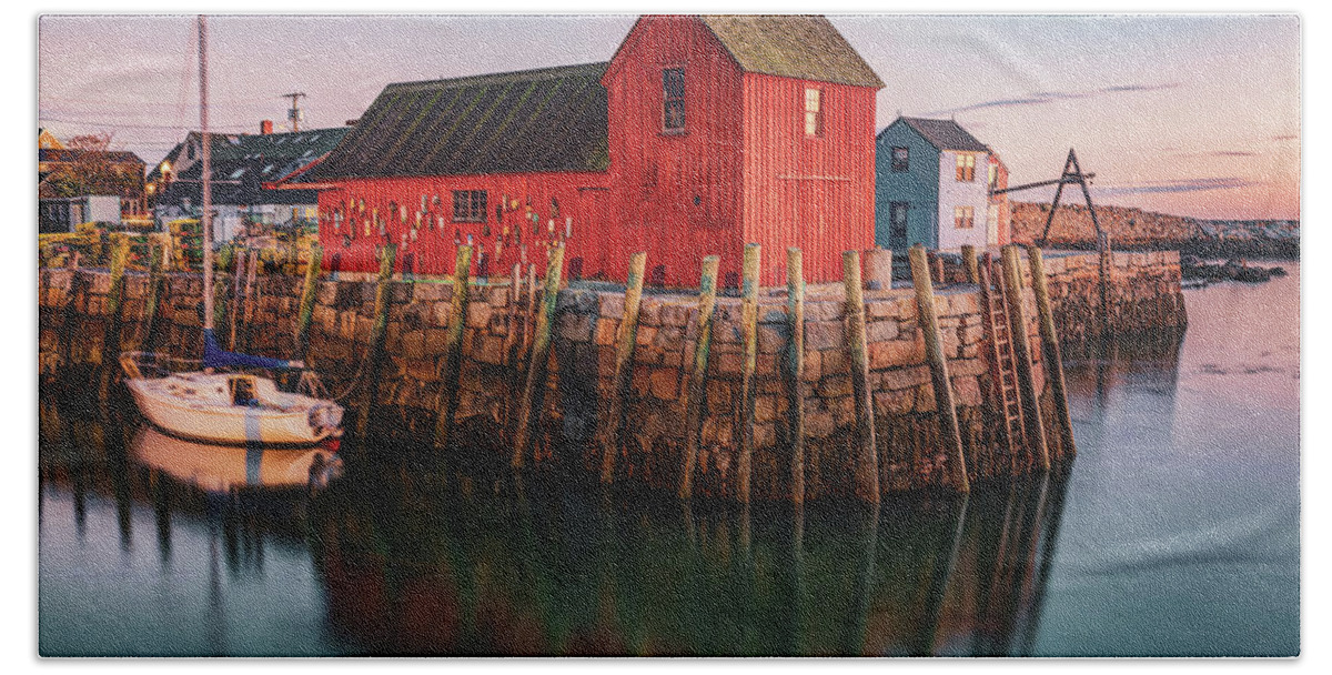 Motif 1 Hand Towel featuring the photograph Motif #1 Fishing Shack - Rockport Massachusetts at Sunrise by Gregory Ballos