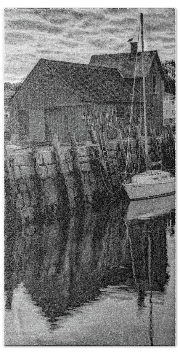 Motif 1 Hand Towel featuring the photograph Motif 1 in New England Rockport Harbor - Black and White by Gregory Ballos