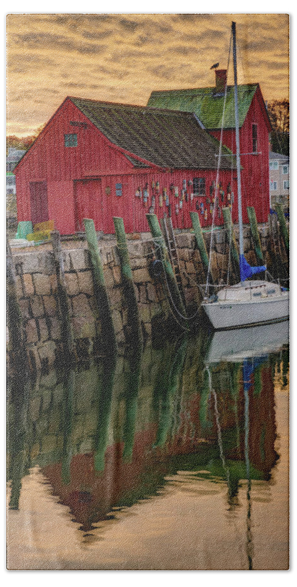 Motif 1 Hand Towel featuring the photograph Motif 1 Sunrise in New England Rockport Harbor by Gregory Ballos