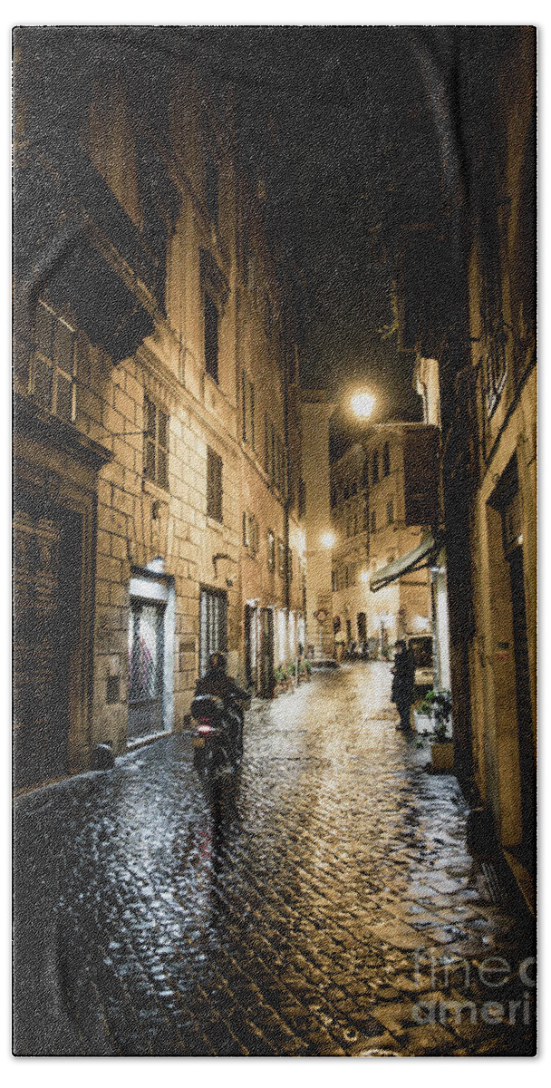 Italy Hand Towel featuring the photograph Motorbike in Narrow Street at Night in Rome in Italy by Andreas Berthold