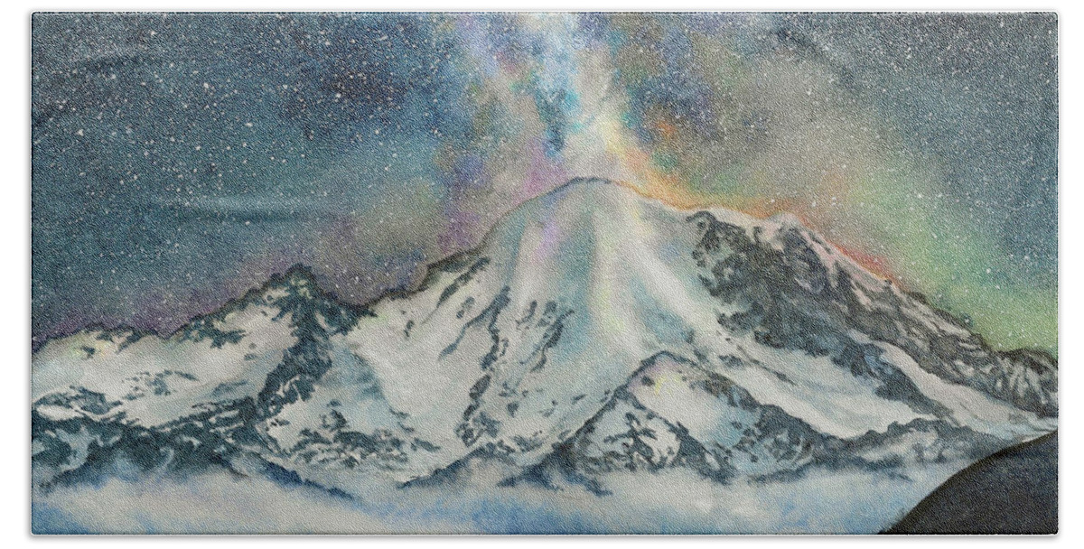 Mountain Hand Towel featuring the painting Mount Rainier Milky Way by Julie Senf