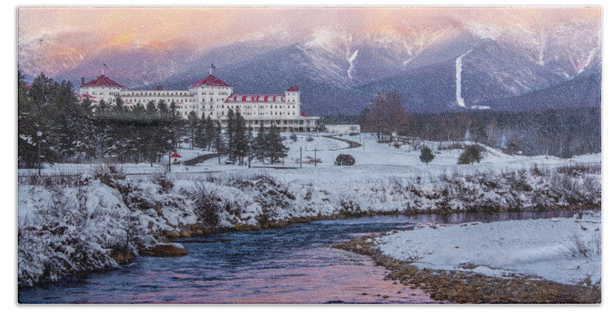 Alpenglow Hand Towel featuring the photograph Mount Washington Hotel Alpenglow by White Mountain Images