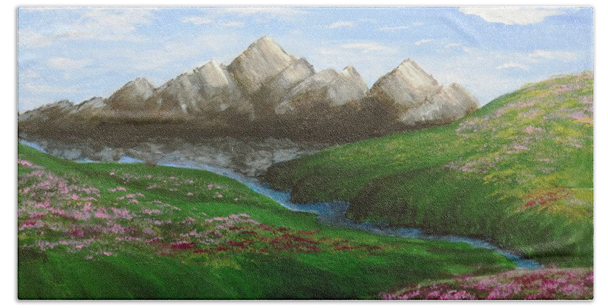  Hand Towel featuring the painting Mountains in Springtime by C E Dill