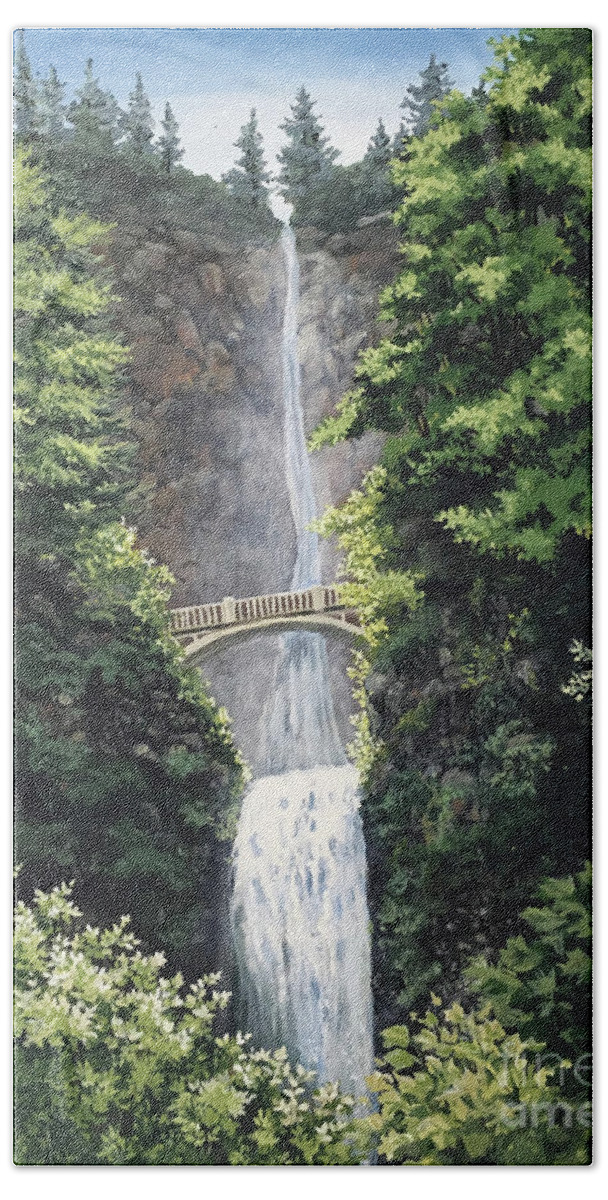 Multnomah Hand Towel featuring the painting Multnomah Falls by Mary Palmer