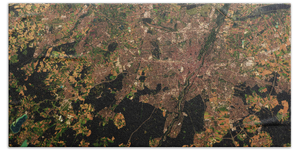 Satellite Image Bath Towel featuring the digital art Munich, Germany from space by Christian Pauschert