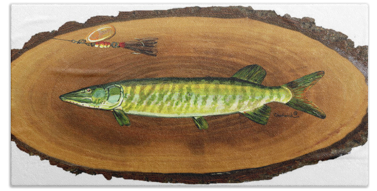 398 Bath Towel featuring the painting Muskellunge by Phil Chadwick
