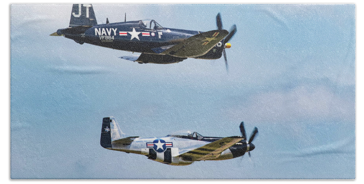 P51 Mustang Hand Towel featuring the photograph Mustang and Corsair by Art Cole