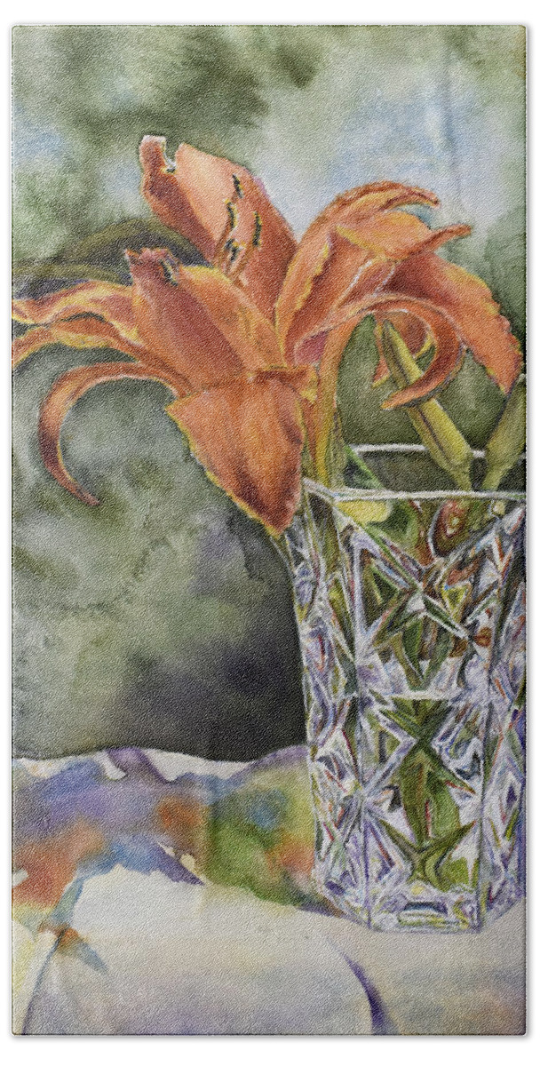 Flower Bath Towel featuring the painting My Double Daylily by Wendy Keeney-Kennicutt
