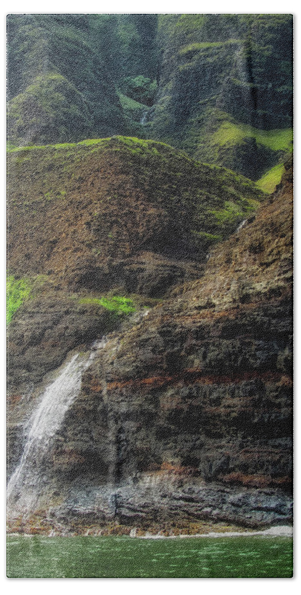Aerial Bath Towel featuring the photograph Na Pali Coast Waterfall by Andy Konieczny