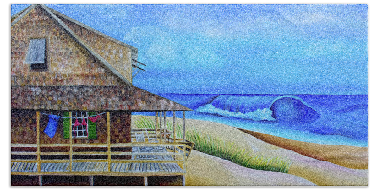 Nags Head Hand Towel featuring the painting Nags Head Cottage with Clothesline by Barbara Noel