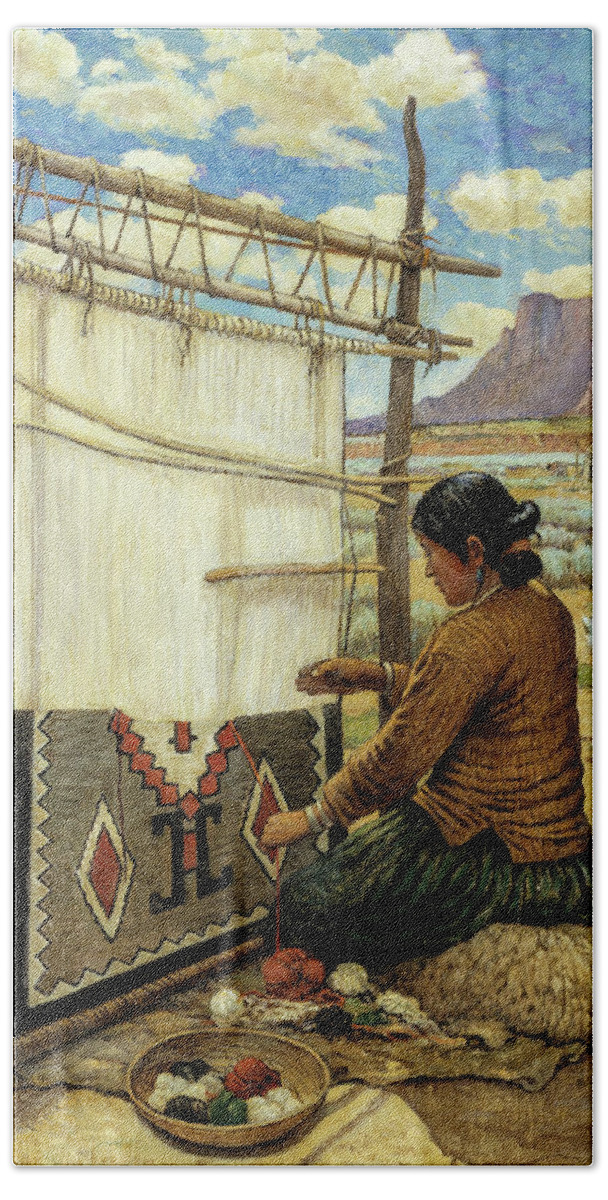 Carl Moon Hand Towel featuring the painting Navajo Weaver by Carl Moon