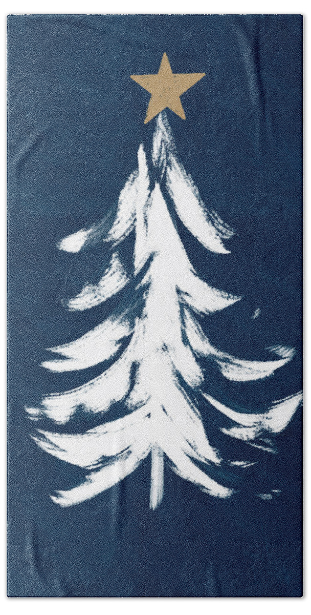 Christmas Bath Towel featuring the mixed media Navy and White Christmas Tree 1- Art by Linda Woods by Linda Woods