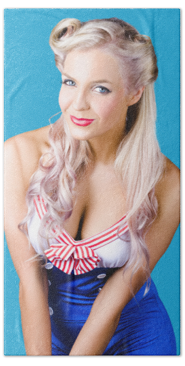 Sailor Bath Towel featuring the photograph Navy pinup woman by Jorgo Photography