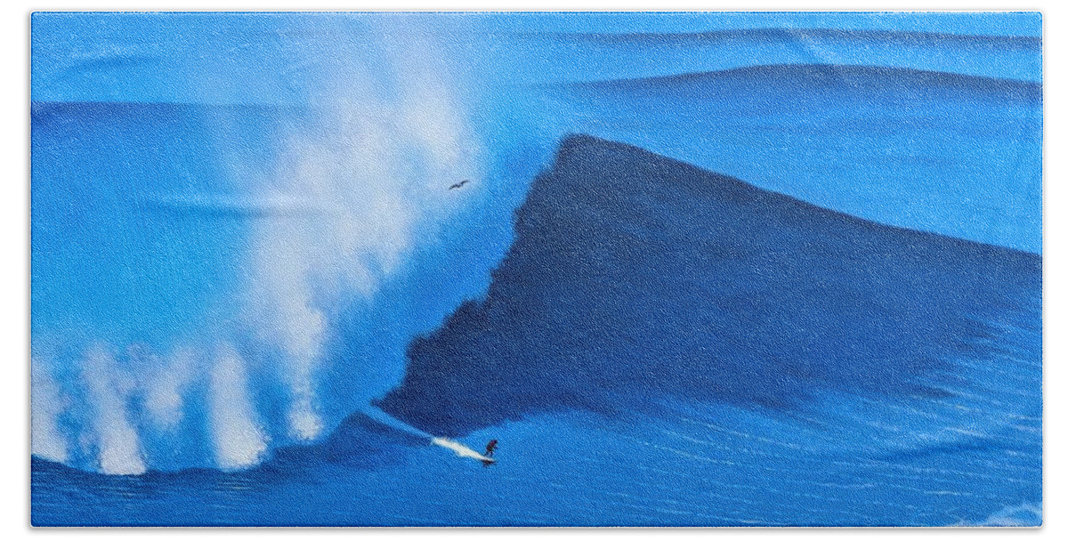 Surfing Bath Towel featuring the painting Nazare Portugal 11-08-2017 by John Kaelin