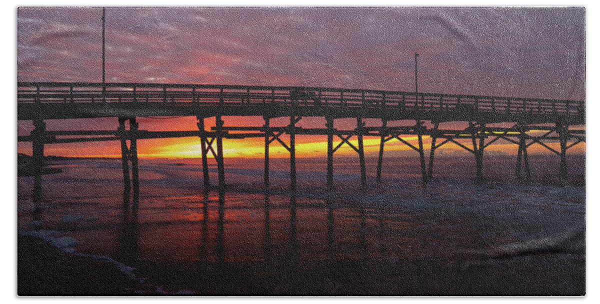 Oak Island Hand Towel featuring the photograph NC Pier Sunrise by Nick Noble