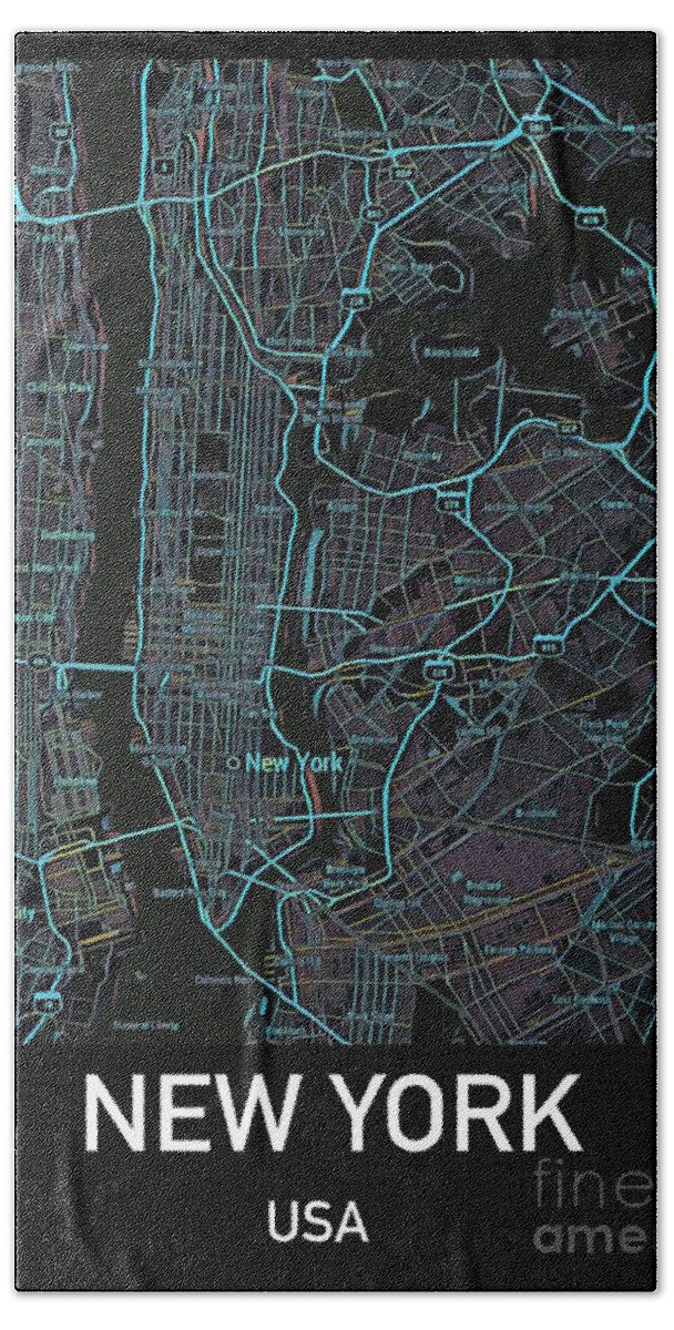 Nyc Bath Towel featuring the digital art New York City Map Black edition by HELGE Art Gallery