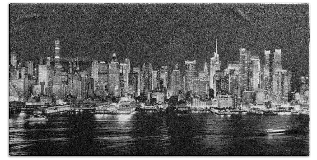 New York City Skyline At Night Hand Towel featuring the photograph New York City NYC Skyline Midtown Manhattan at Night Black and White by Jon Holiday