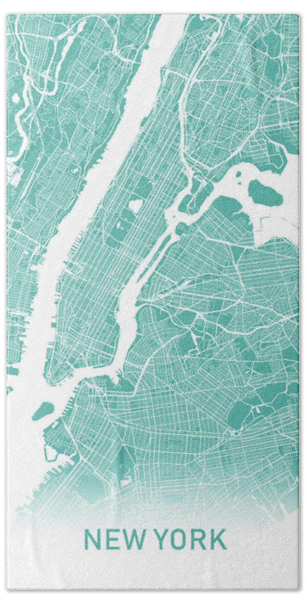 New York Bath Towel featuring the digital art New York map teal by Delphimages Map Creations