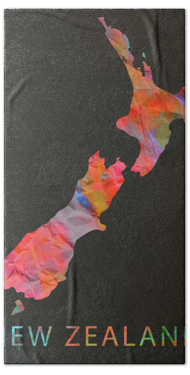 New Zealand Bath Towel featuring the mixed media New Zealand Tie Dye Country Map by Design Turnpike
