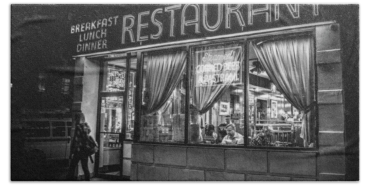 24 Hour Diner Bath Towel featuring the photograph Night At Waverly Diner In Black and White by Greg and Chrystal Mimbs