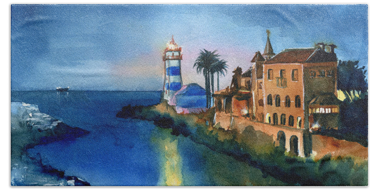 Portugal Bath Towel featuring the painting Nightfall in Cascais Portugal by Dora Hathazi Mendes