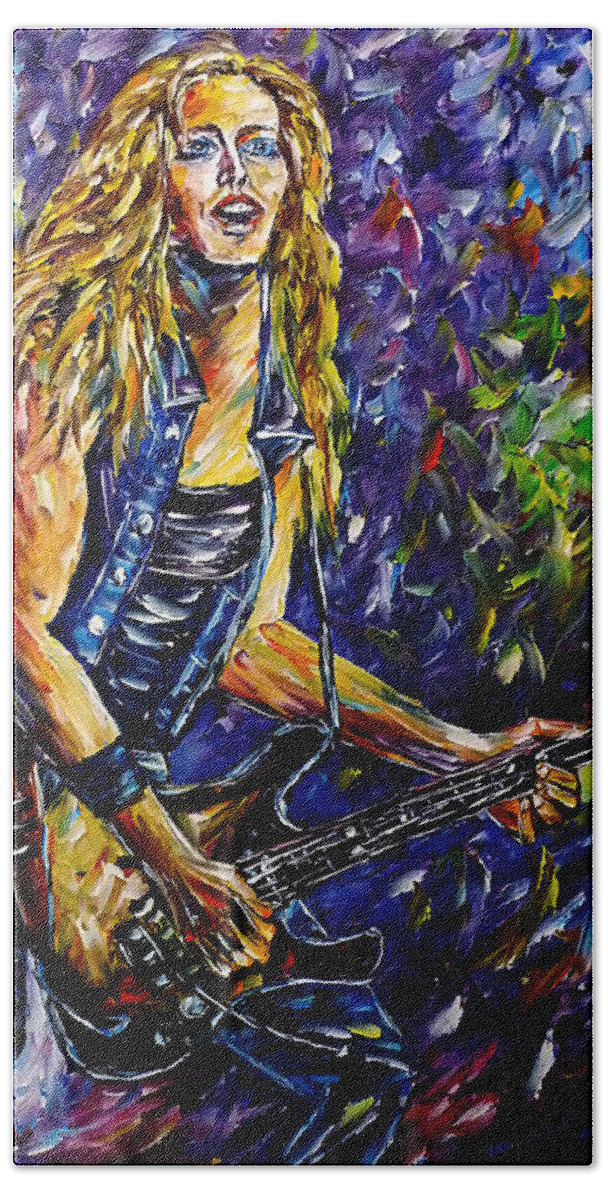 I Love Nita Strauss Bath Towel featuring the painting Rock Guitarist by Mirek Kuzniar