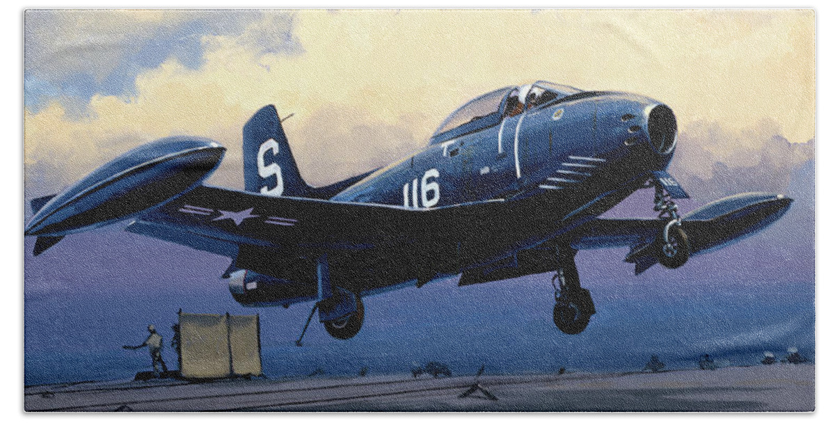 Military Aircraft Bath Towel featuring the painting North American FJ-1 Fury by Jack Fellows