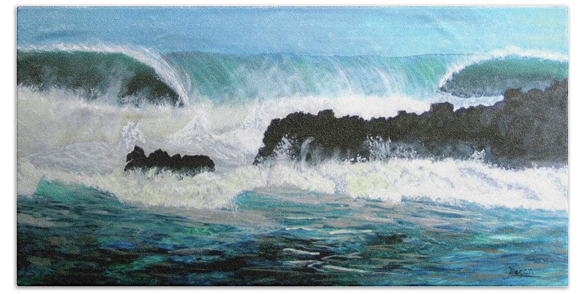Hawaii Hand Towel featuring the painting North Shore Wave by Megan Collins