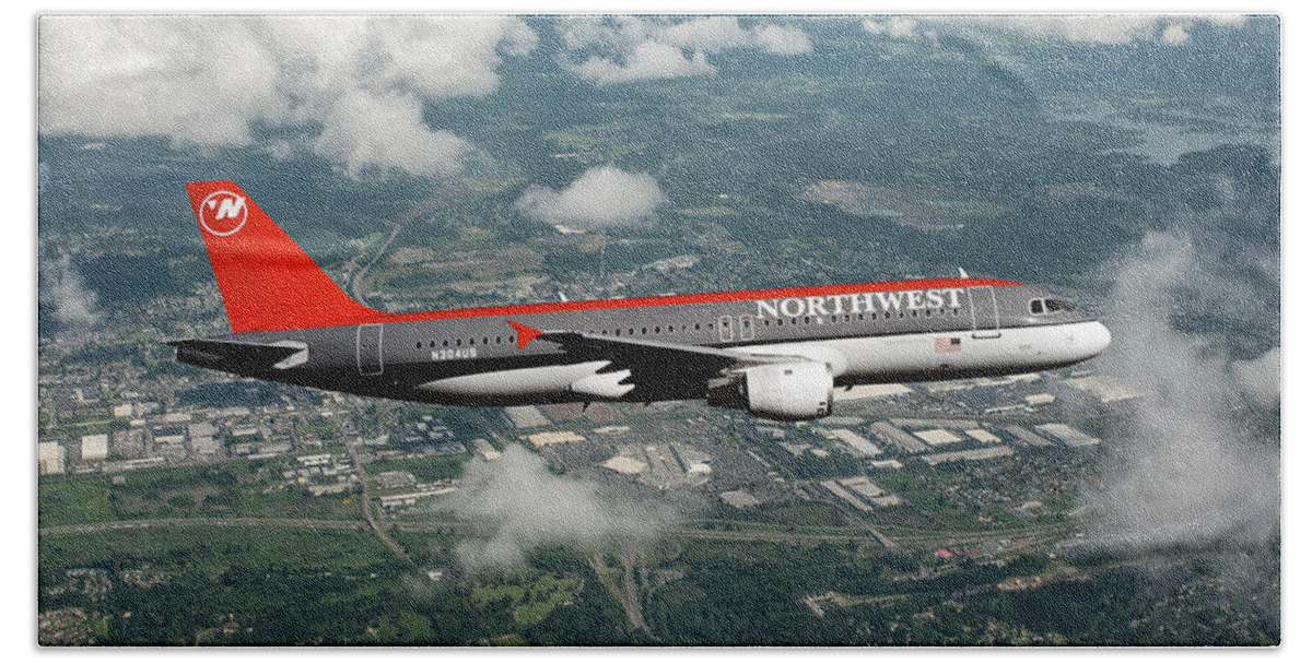 Northwest Airlines Hand Towel featuring the mixed media Northwest Airlines Airbus A320 by Erik Simonsen