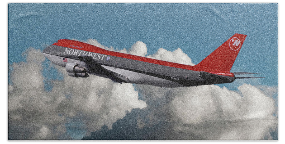 Northwest Airlines Hand Towel featuring the photograph Northwest Airlines Boeing 747 Takeoff in the Clouds by Erik Simonsen