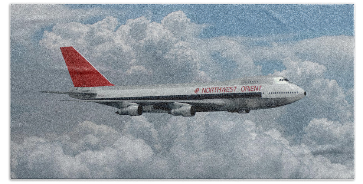Northwest Orient Airlines Hand Towel featuring the mixed media Northwest Orient Among the Clouds by Erik Simonsen