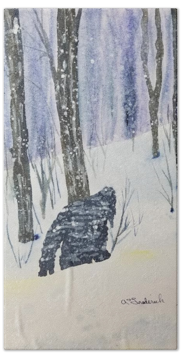 Winter Bath Towel featuring the painting Not in my backyard by Ann Frederick