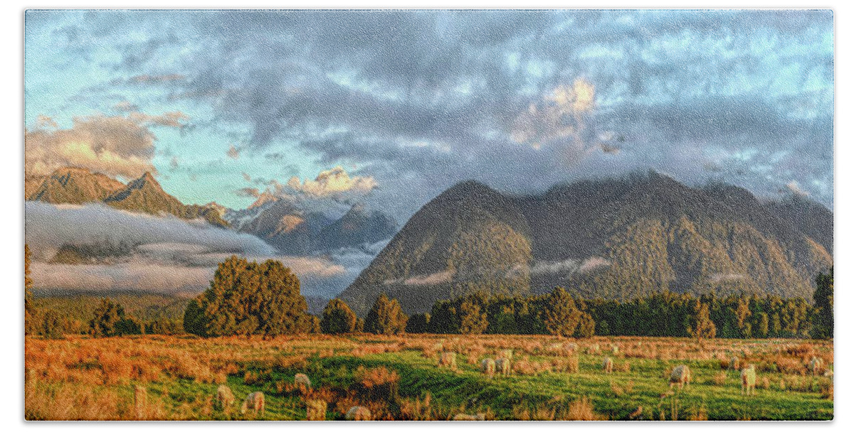 Olena Art Bath Towel featuring the photograph Nothing to see just landscape with sheep in NZ New Zealand South Island Panorama by OLena Art by OLena Art by Lena Owens - Vibrant DESIGN