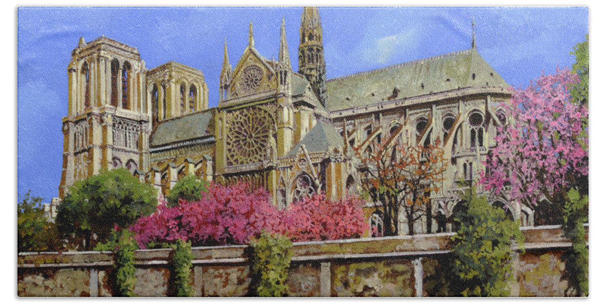Notre Dame Hand Towel featuring the painting Notre Dame in primavera by Guido Borelli