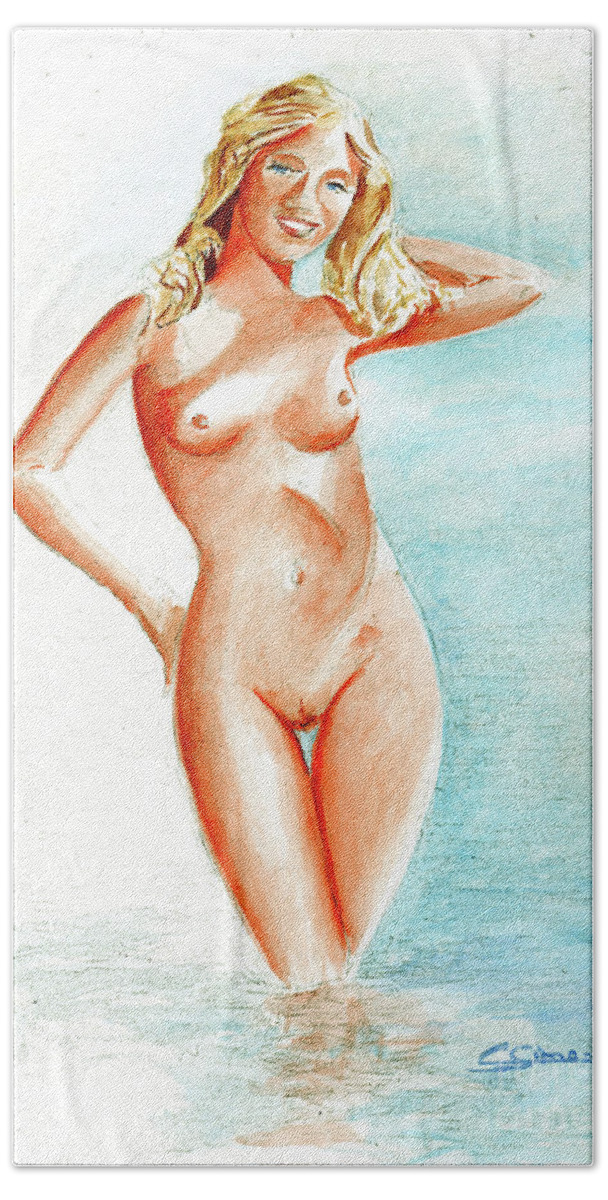 Nude Hand Towel featuring the painting Nude in watercolor by Christian Simonian
