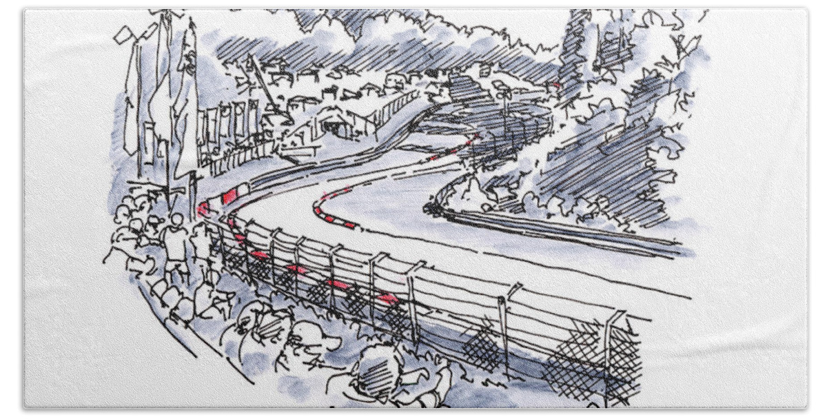 Nuerburgring Hand Towel featuring the drawing Nuerburgring Nordschleife Hatzenbach Racetrack Ink Drawing and W by Frank Ramspott