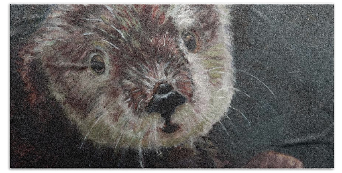 #otter #otterlove #aslanimal #ifotterscouldsign #savetheotters #animaloilpainting #otteroilpainting Bath Towel featuring the painting O is for Otter by Jessmyne Stephenson