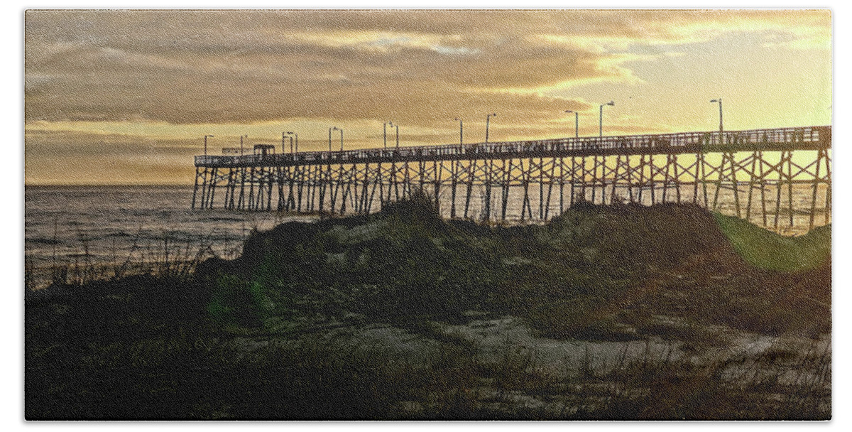Sunset Bath Towel featuring the photograph Oak Island Pier Sunset by Don Margulis