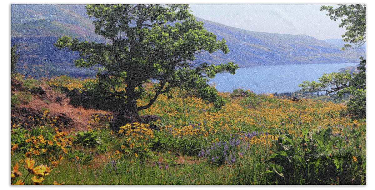 Oak Tree Bath Towel featuring the photograph Oak Tree Above Columbia River by Jeanette French