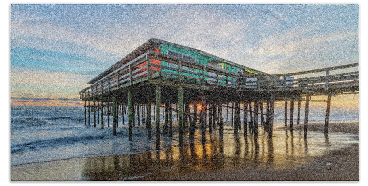 Sunrise Hand Towel featuring the photograph OBX Pier Sunrise by Donna Twiford