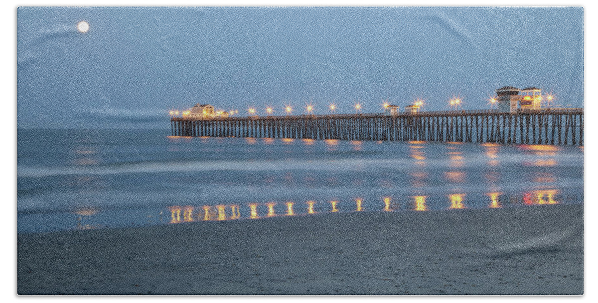 Moonset Over Pacific Hand Towel featuring the photograph Oceanside California Moonset at Sunrise Summer Solstice at Pier by Catherine Walters